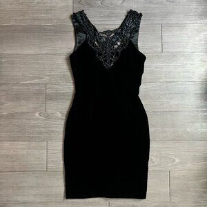 Vintage 90s Black Velvet Mini Dress Lace Glitter V Neck Scott McClintock Size 6
